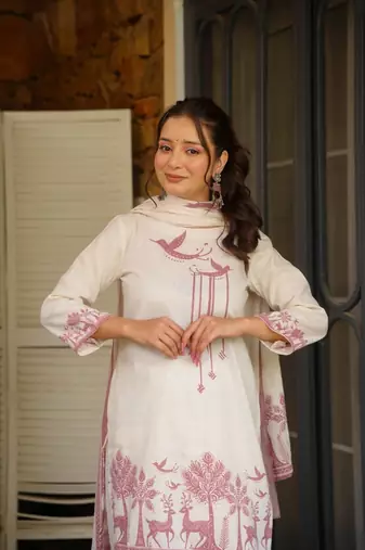 Women's Gorgeous Printed Work Khadi Cotton Fabric Straight Kurta Shalwar and Dupatta Set