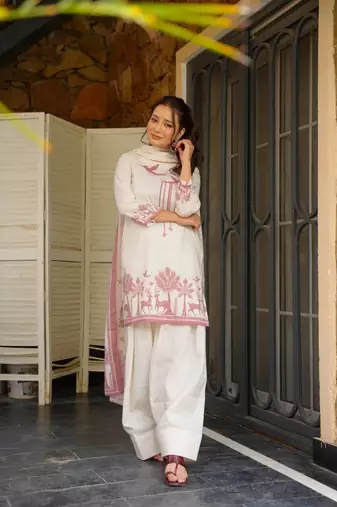 Women's Gorgeous Printed Work Khadi Cotton Fabric Straight Kurta Shalwar and Dupatta Set