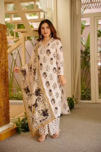 Women's Gorgeous Printed Work Rayon Slub Fabric Straight Kurta Pant and Dupatta Set