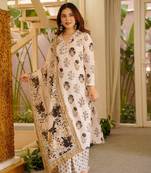 Women's Gorgeous Printed Work Rayon Slub Fabric Straight Kurta Pant and Dupatta Set