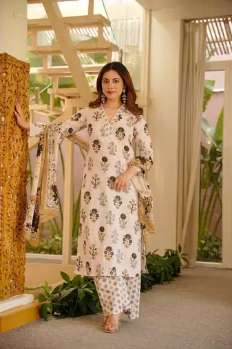 Women's Gorgeous Printed Work Rayon Slub Fabric Straight Kurta Pant and Dupatta Set