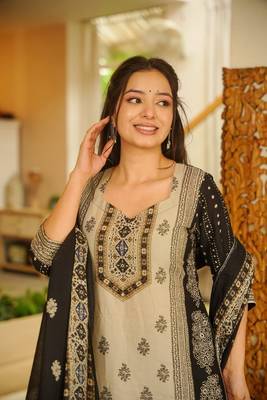 Women's Gorgeous Printed Work Rayon Slub Fabric Straight Kurta Pant and Dupatta Set 2
