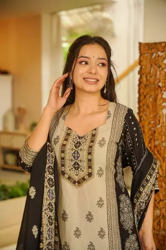 Women's Gorgeous Printed Work Rayon Slub Fabric Straight Kurta Pant and Dupatta Set