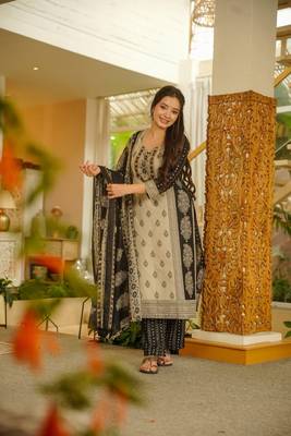 Women's Gorgeous Printed Work Rayon Slub Fabric Straight Kurta Pant and Dupatta Set 3