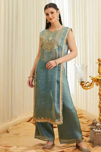 Women's Gorgeous Embroidery Work Fandy Satin Fabric Straight Kurta Pant Set