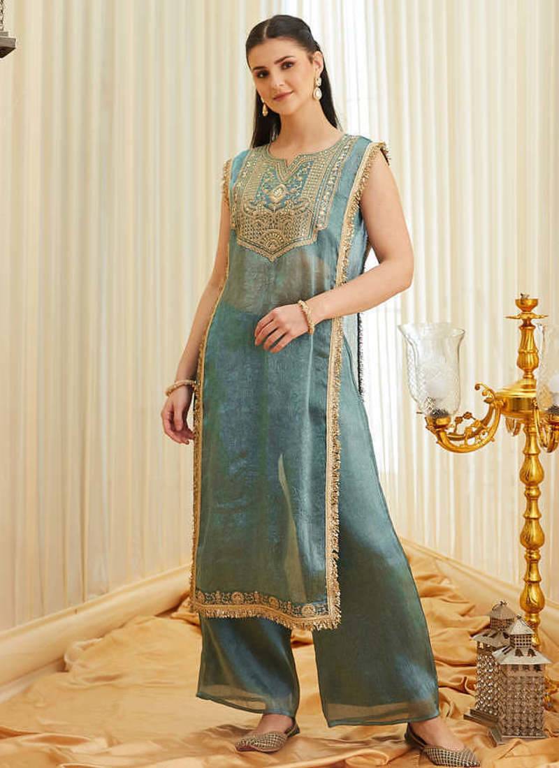 Women's Gorgeous Embroidery Work Fandy Satin Fabric Straight Kurta Pant Set