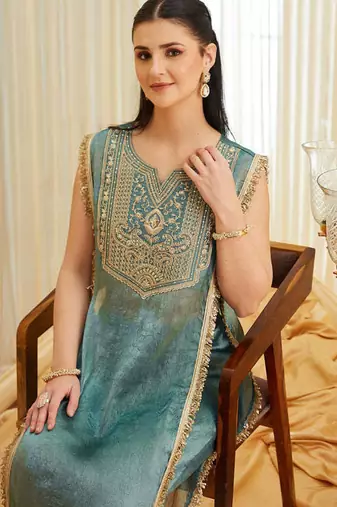 Women's Gorgeous Embroidery Work Fandy Satin Fabric Straight Kurta Pant Set