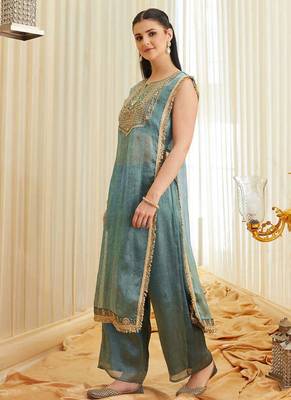 Women's Gorgeous Embroidery Work Fandy Satin Fabric Straight Kurta Pant Set 3