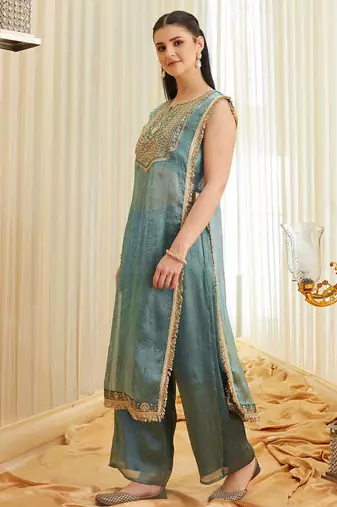 Women's Gorgeous Embroidery Work Fandy Satin Fabric Straight Kurta Pant Set