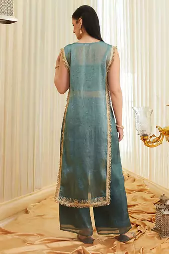 Women's Gorgeous Embroidery Work Fandy Satin Fabric Straight Kurta Pant Set