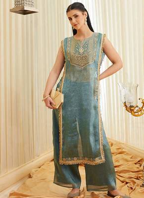 Women's Gorgeous Embroidery Work Fandy Satin Fabric Straight Kurta Pant Set 5