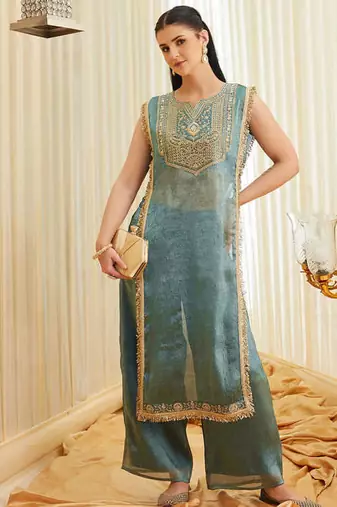 Women's Gorgeous Embroidery Work Fandy Satin Fabric Straight Kurta Pant Set