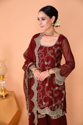 Women's Gorgeous Embroidery Work Faux Georgette Fabric Straight Kurta Gharara and Dupatta Set 2