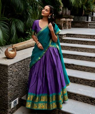 Women's South Indian Grandeur Poly Cotton Zari Woven Lehenga Choli Set 1