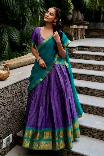 Women's South Indian Grandeur Poly Cotton Zari Woven Lehenga Choli Set