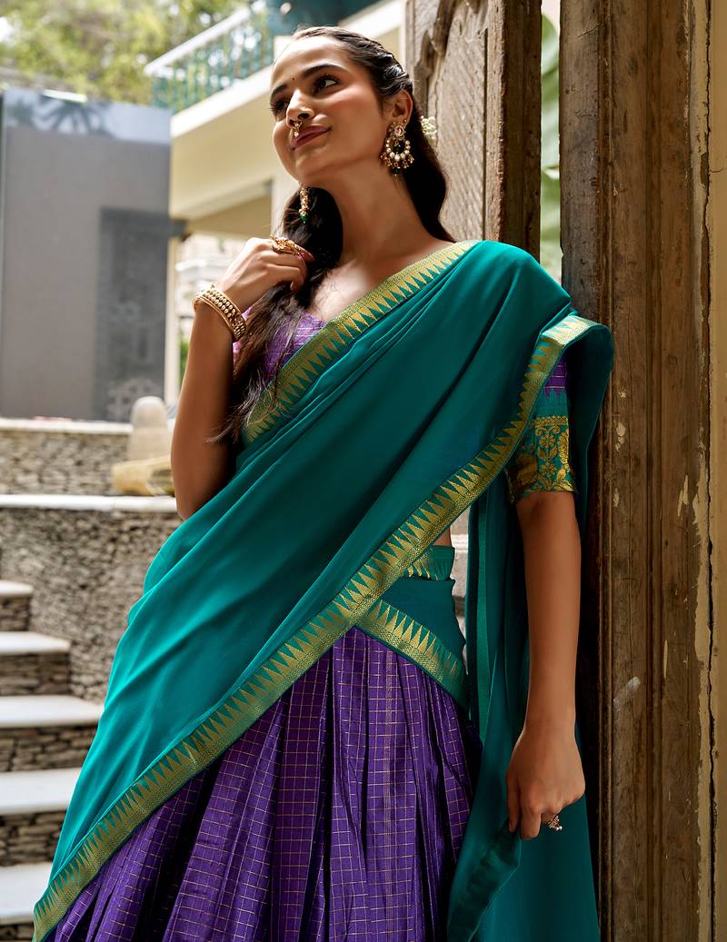 Women's South Indian Grandeur Poly Cotton Zari Woven Lehenga Choli Set