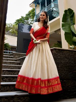Women's South Indian Grandeur Poly Cotton Zari Woven Lehenga Choli Set 1