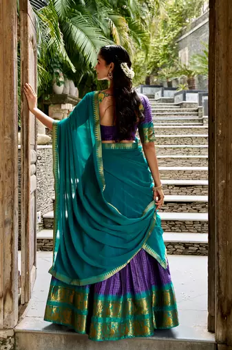 Women's South Indian Grandeur Poly Cotton Zari Woven Lehenga Choli Set