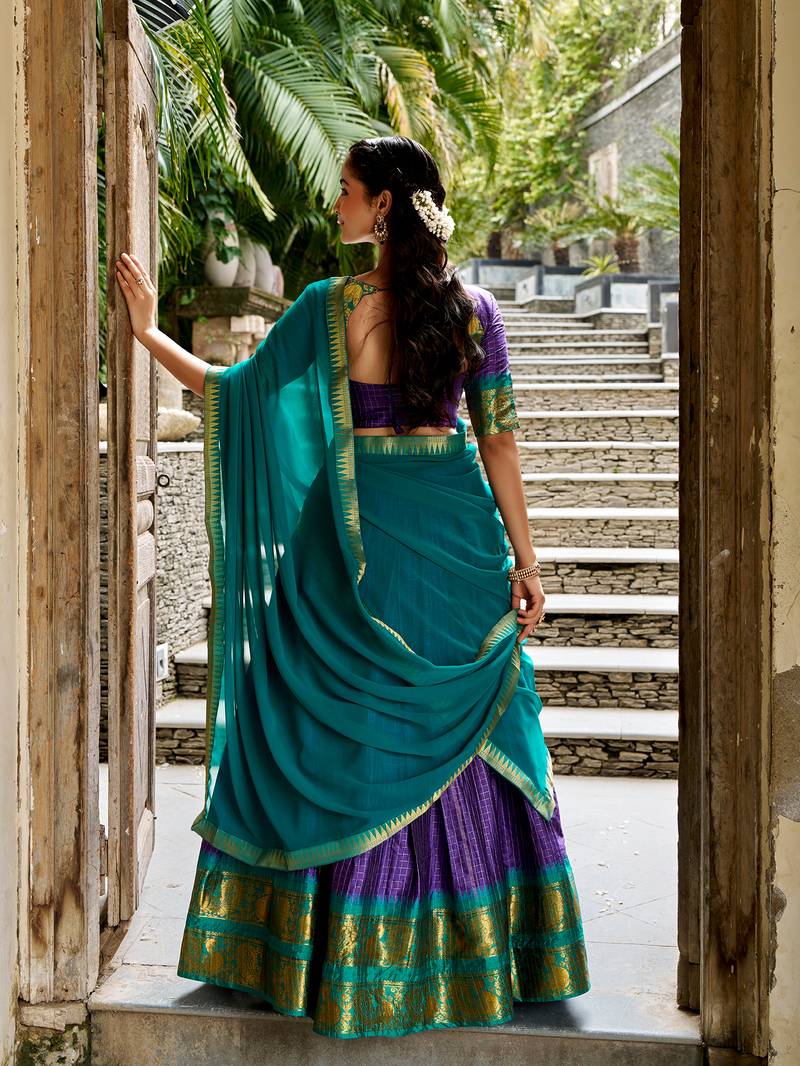 Women's South Indian Grandeur Poly Cotton Zari Woven Lehenga Choli Set