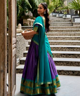 Women's South Indian Grandeur Poly Cotton Zari Woven Lehenga Choli Set 4