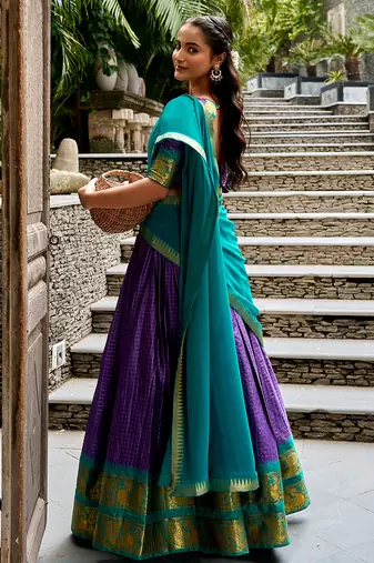 Women's South Indian Grandeur Poly Cotton Zari Woven Lehenga Choli Set