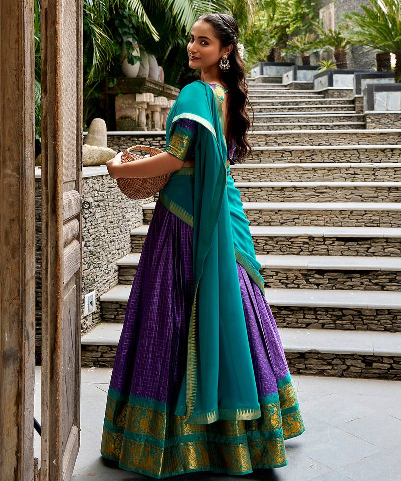Women's South Indian Grandeur Poly Cotton Zari Woven Lehenga Choli Set