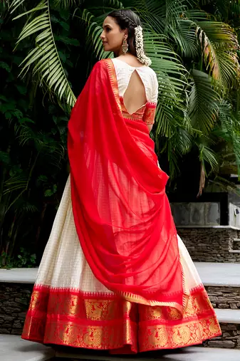 Women's South Indian Grandeur Poly Cotton Zari Woven Lehenga Choli Set