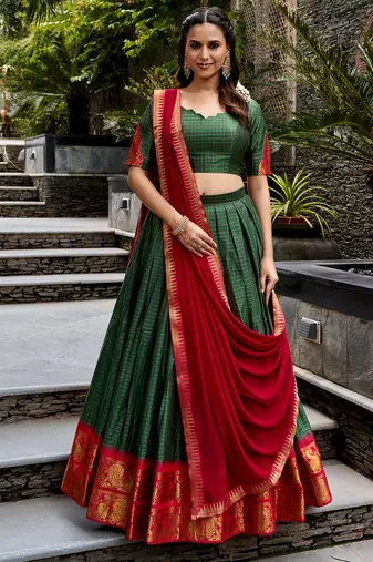 Women's South Indian Grandeur Poly Cotton Zari Woven Lehenga Choli Set