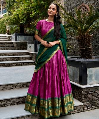 Women's South Indian Grandeur Poly Cotton Zari Woven Lehenga Choli Set 1