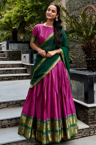 Women's South Indian Grandeur Poly Cotton Zari Woven Lehenga Choli Set