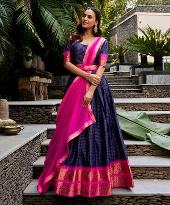 Women's South Indian Grandeur Poly Cotton Zari Woven Lehenga Choli Set 1