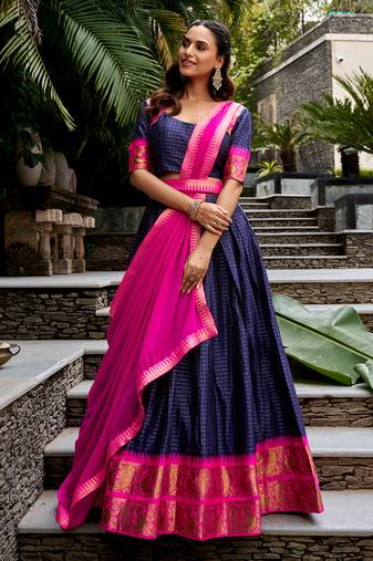 Women's South Indian Grandeur Poly Cotton Zari Woven Lehenga Choli Set
