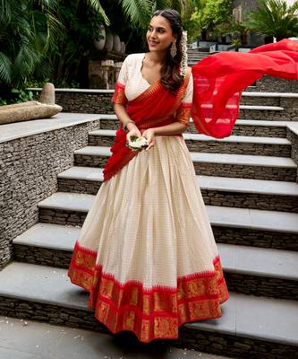 Women's South Indian Grandeur Poly Cotton Zari Woven Lehenga Choli Set 4