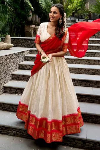 Women's South Indian Grandeur Poly Cotton Zari Woven Lehenga Choli Set