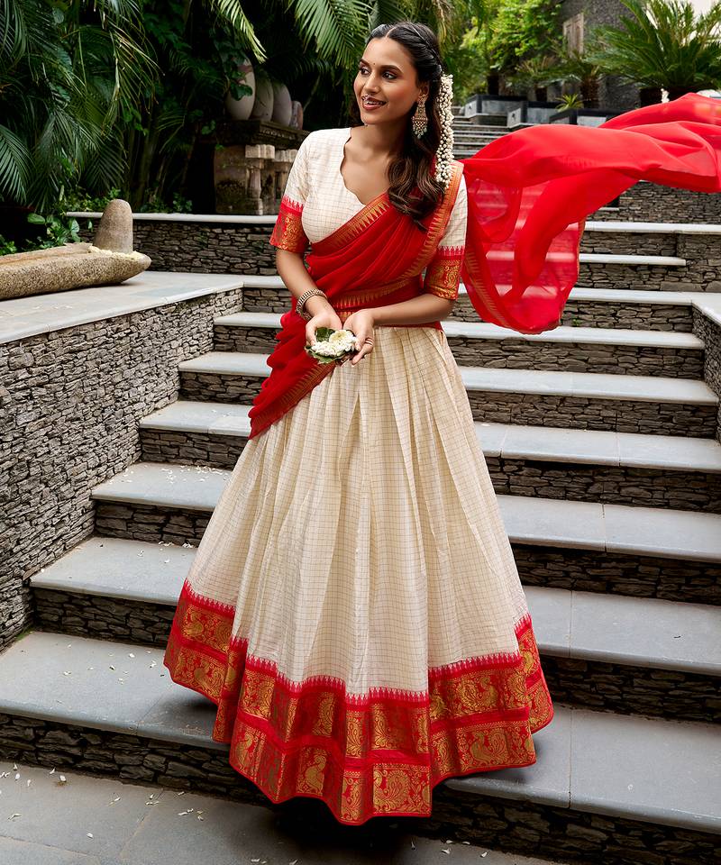 Women's South Indian Grandeur Poly Cotton Zari Woven Lehenga Choli Set