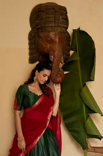 Women's South Indian Grandeur Poly Cotton Zari Woven Lehenga Choli Set