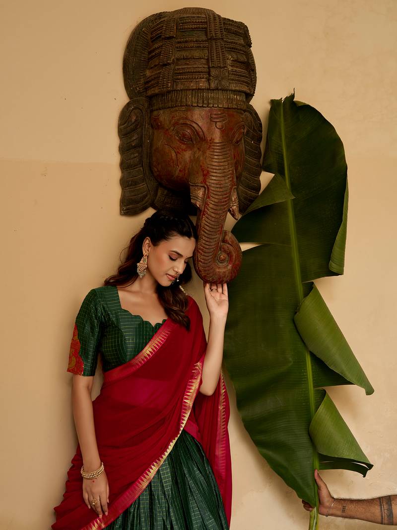 Women's South Indian Grandeur Poly Cotton Zari Woven Lehenga Choli Set