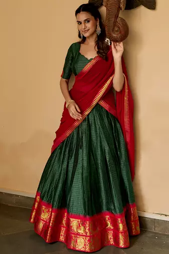Women's South Indian Grandeur Poly Cotton Zari Woven Lehenga Choli Set