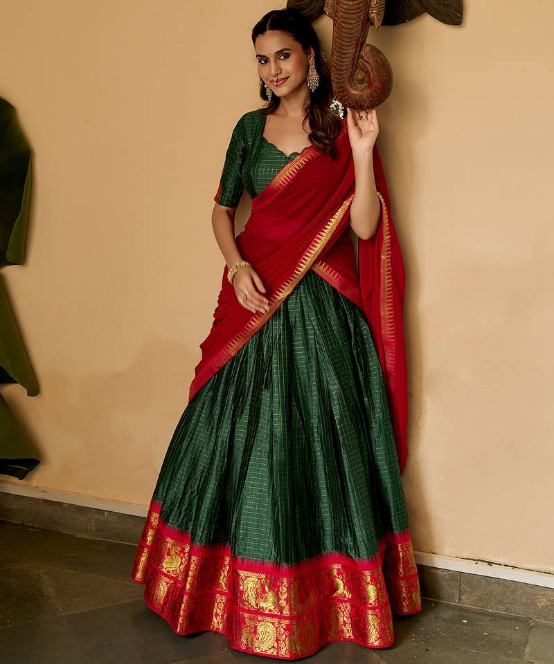 Women's South Indian Grandeur Poly Cotton Zari Woven Lehenga Choli Set