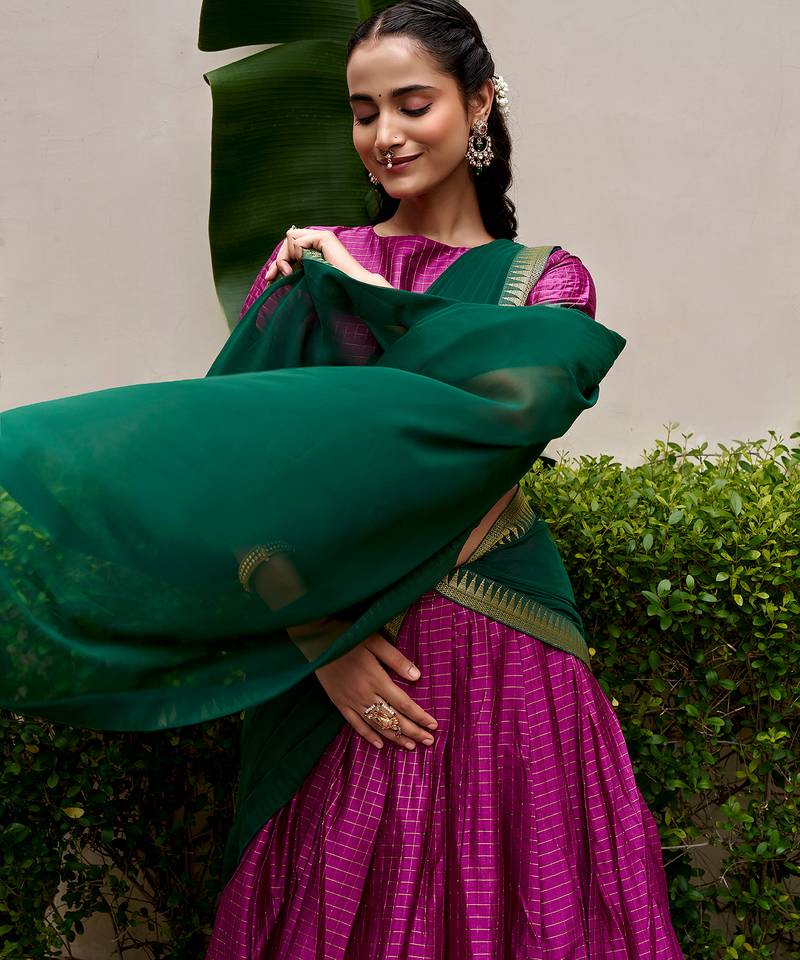 Women's South Indian Grandeur Poly Cotton Zari Woven Lehenga Choli Set