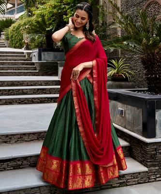 Women's South Indian Grandeur Poly Cotton Zari Woven Lehenga Choli Set 4