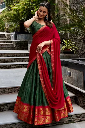 Women's South Indian Grandeur Poly Cotton Zari Woven Lehenga Choli Set