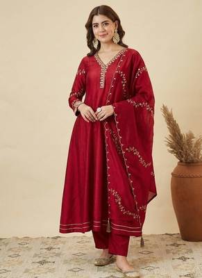 Women's Gorgeous Embroidery Work Vichitra Silk Fabric Flared Anarkali Pant and Dupatta Set 1