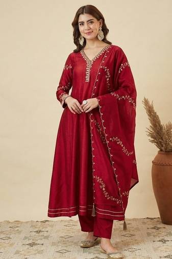 Women's Gorgeous Embroidery Work Vichitra Silk Fabric Flared Anarkali Pant and Dupatta Set