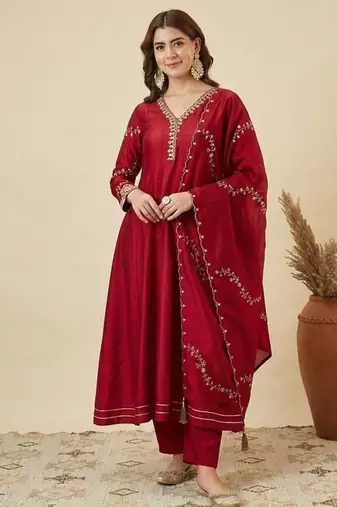 Women's Gorgeous Embroidery Work Vichitra Silk Fabric Flared Anarkali Pant and Dupatta Set