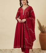Women's Gorgeous Embroidery Work Vichitra Silk Fabric Flared Anarkali Pant and Dupatta Set