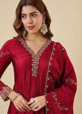 Women's Gorgeous Embroidery Work Vichitra Silk Fabric Flared Anarkali Pant and Dupatta Set 2