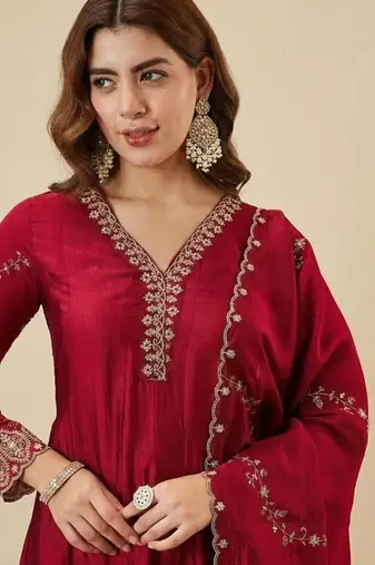 Women's Gorgeous Embroidery Work Vichitra Silk Fabric Flared Anarkali Pant and Dupatta Set