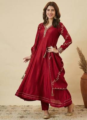 Women's Gorgeous Embroidery Work Vichitra Silk Fabric Flared Anarkali Pant and Dupatta Set 3