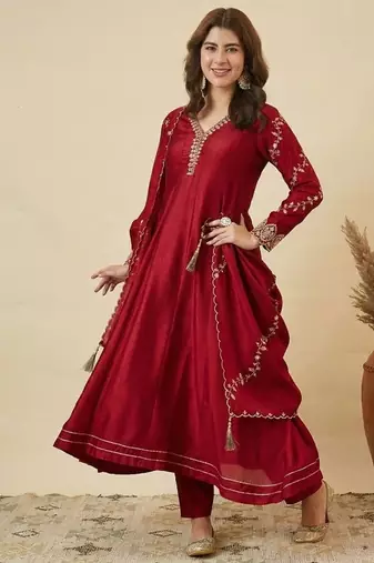 Women's Gorgeous Embroidery Work Vichitra Silk Fabric Flared Anarkali Pant and Dupatta Set